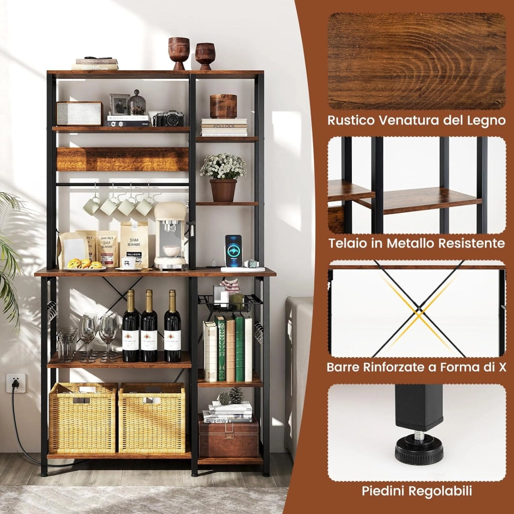 Scaffale da Cucina Salvaspazio, Scaffale a 6 Ripiani per Microonde con Stazione di Ricarica, Ganci a S e Cestino a Rete, Mobile da Cucina per Elettrodomestici, Pentole e Spezie