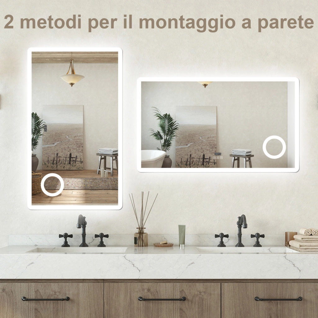 Specchio bagno Rettangolare 140x80cm Led Con 3 Luci + 3X Lente d'ingrandimento + Bluetooth + Orologio + Antiappannamento
