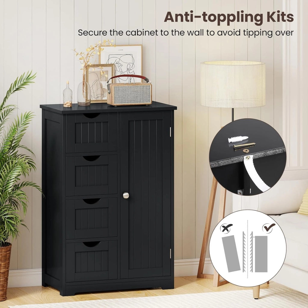 Armadietto portaoggetti da bagno con cassetti, organizer con 4 cassetti, ripiano regolabile, dispositivo anti-ribaltamento, console per ingresso, mobile da pavimento del bagno (nero)