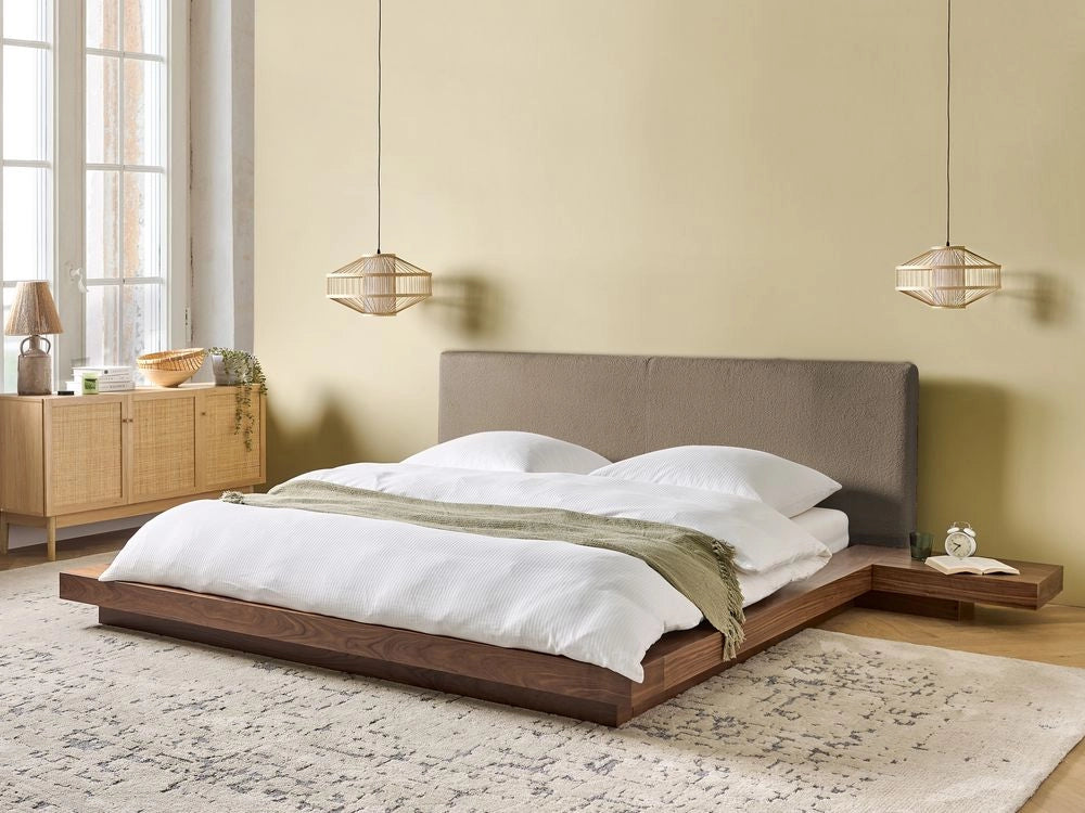 Letto matrimoniale ad acqua con testata e comodini in legno e tessuto bouclé tortora 180 x 200 cm stile giapponese