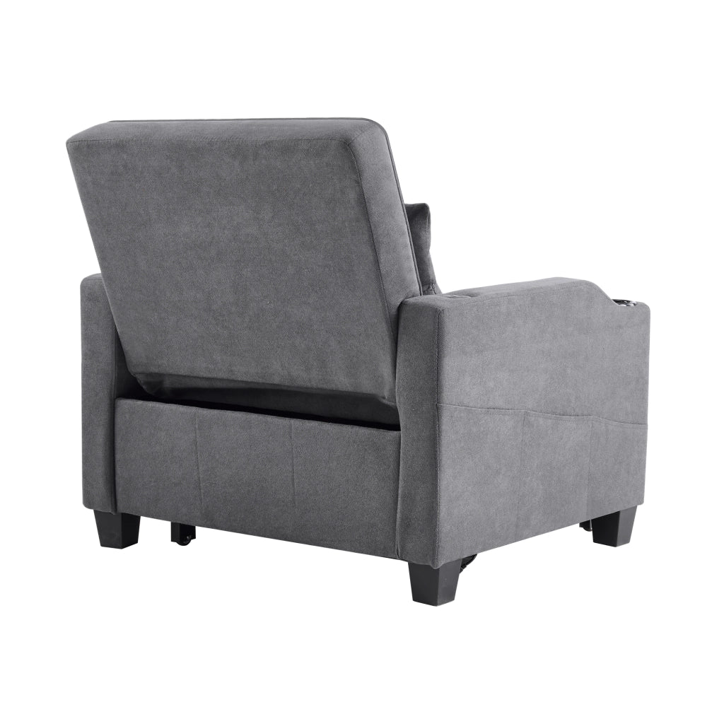 Poltrona letto 3 in 1 con schienale regolabile, porta USB, porta bicchieri e tasca laterale, grigio scuro 74 × 87 × 84 cm