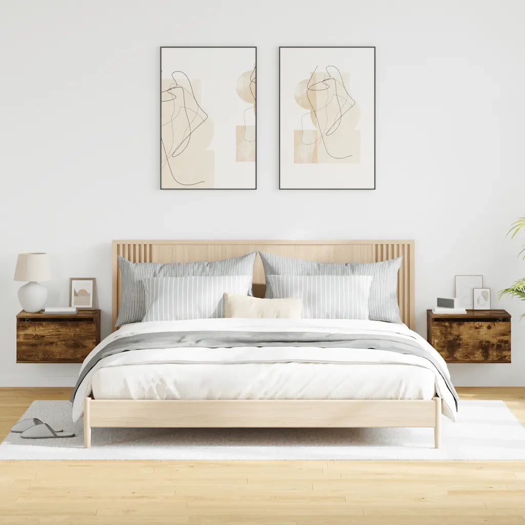 Comodini a Parete con luci LED 2 pz Rovere Fumo 836835