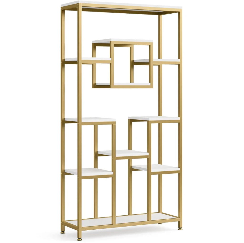 Libreria oro e bianco in metallo e legno, 11 ripiani aperti