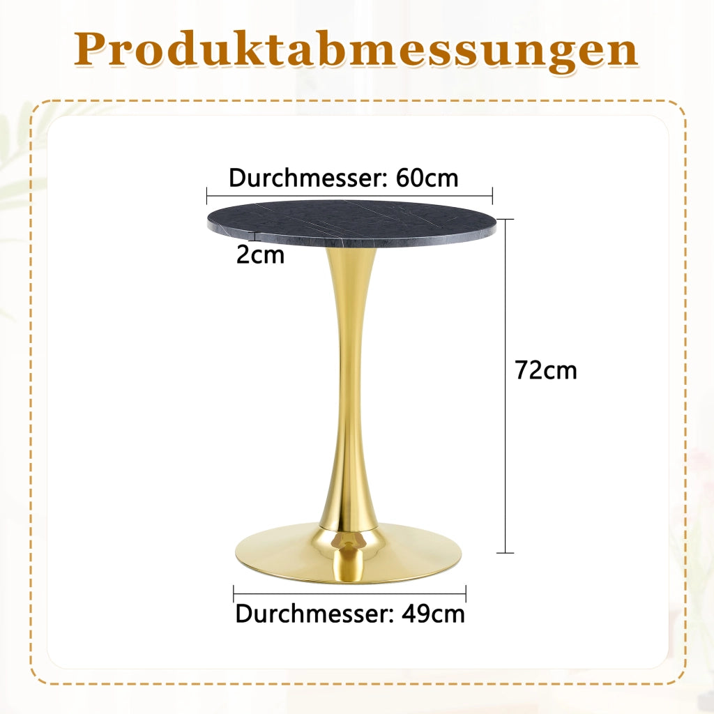 Tavolo da pranzo rotondo con base stabile in MDF e metallo effetto marmo nero e oro per cucina e soggiorno diametro 60 cm