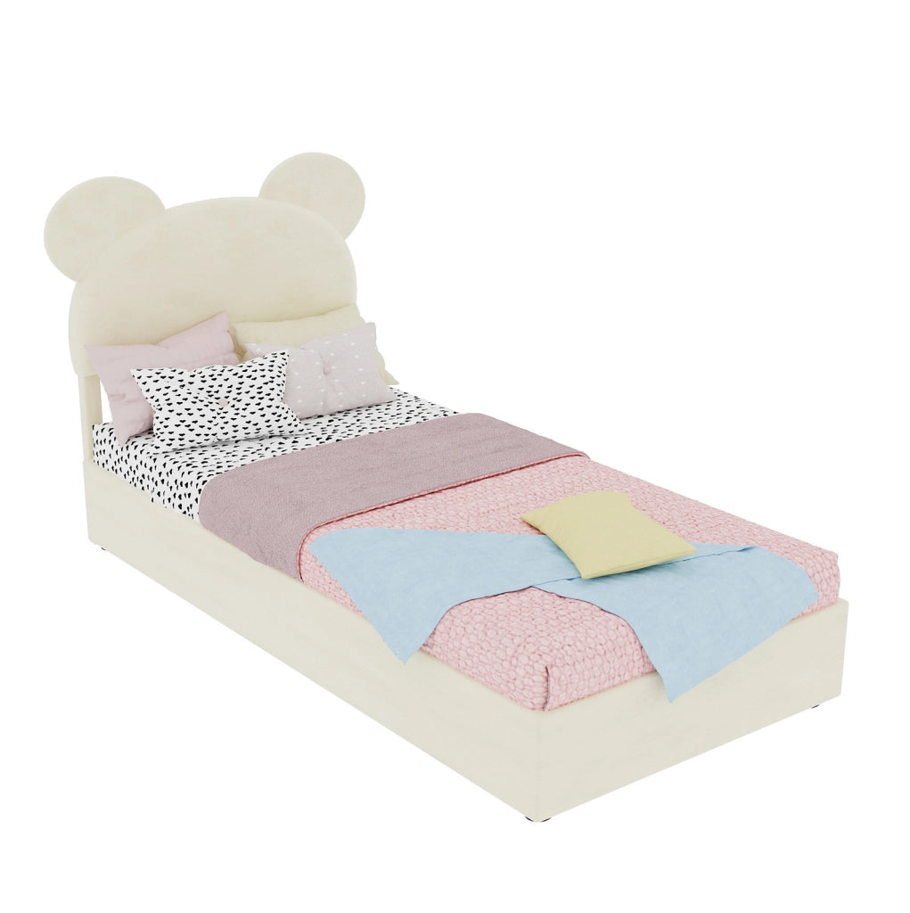 Letto per cameretta 90x200 cm con contenitore pneumatico in tessuto beige