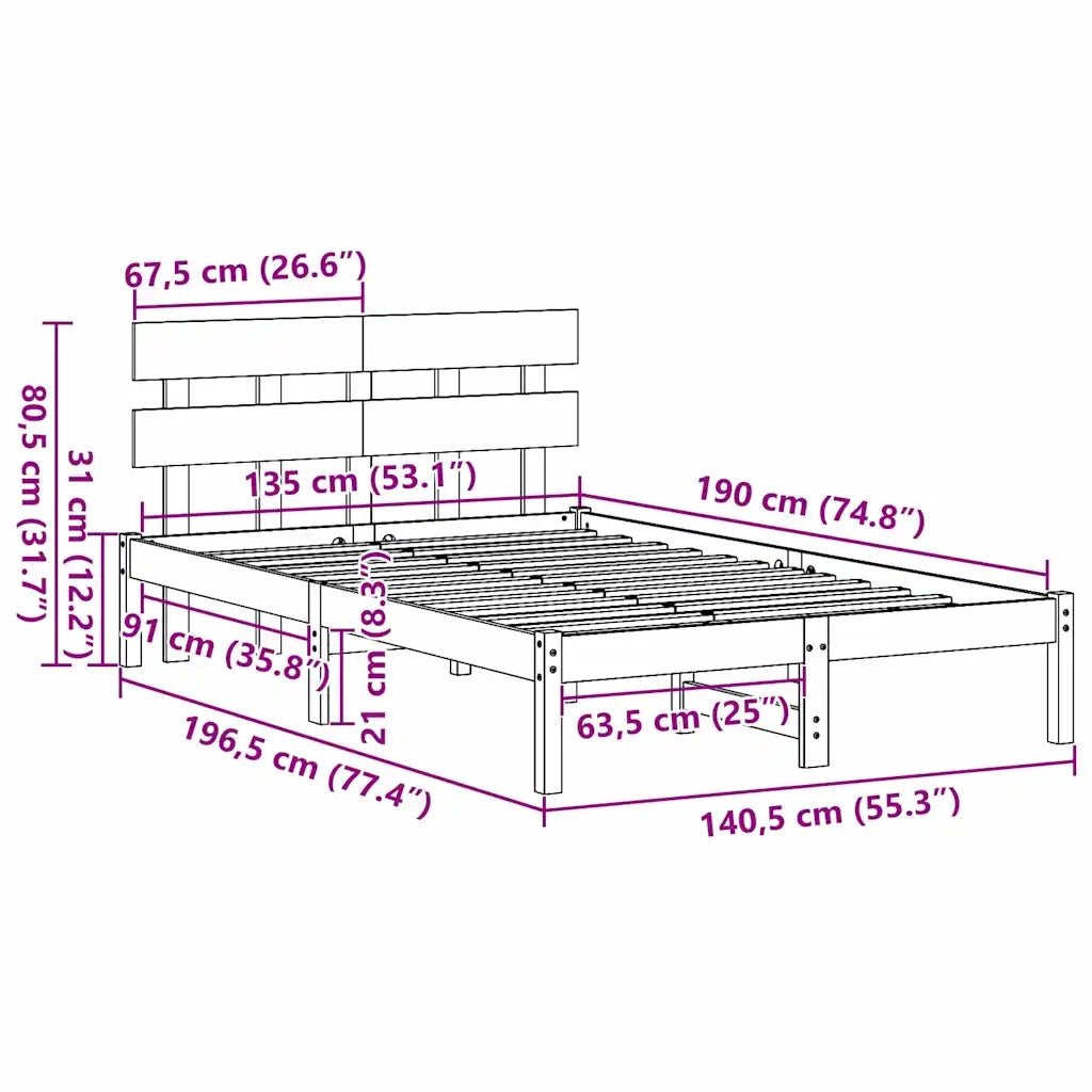 Struttura del letto Marrone 135 x 190 cm Legno massello di pino 872175