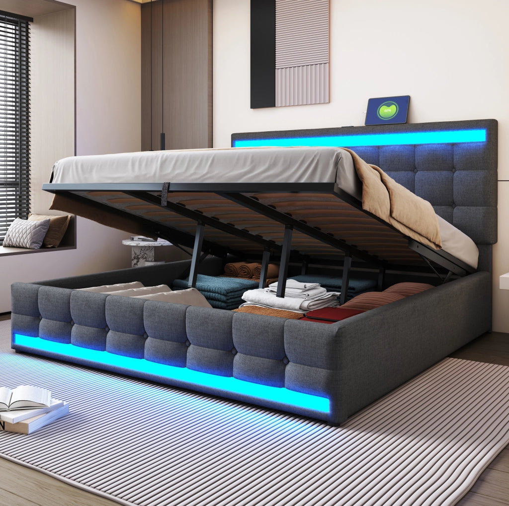 Letto imbottito 180x200 cm con LED RGB e USB; stoffa grigio