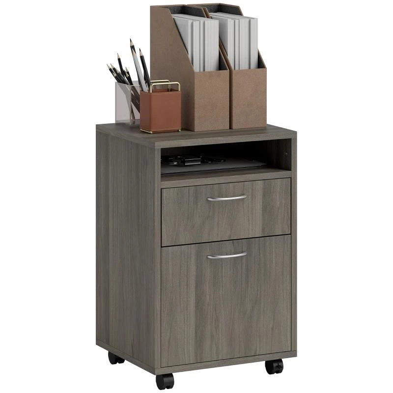 CASSETTIERA PORTADOCUMENTI A 4 RUOTE CON RIPIANO APERTO E CASSETTI, IN LEGNO E METALLO, 40X35X60 CM, GRIGIO