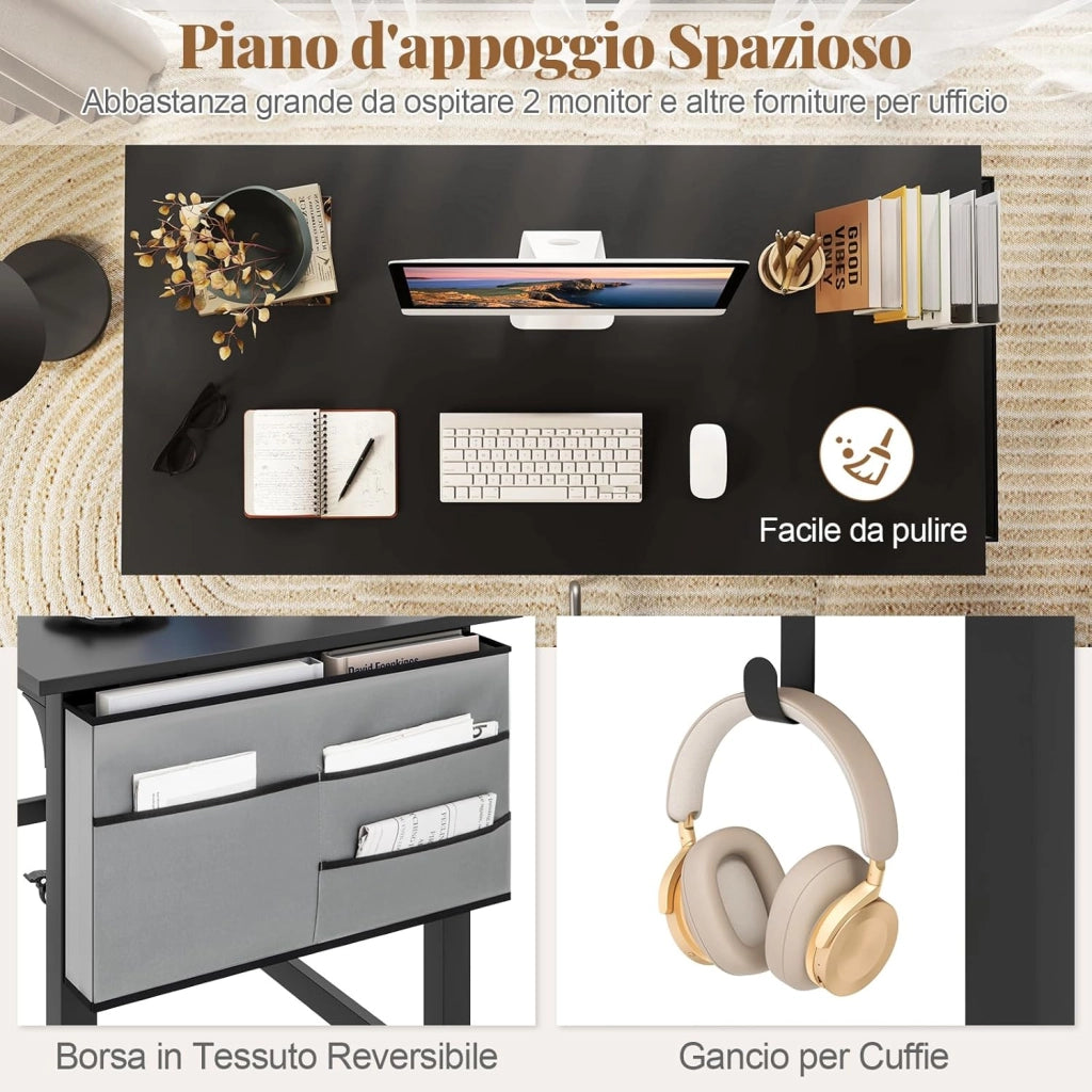Scrivania per Ufficio e Casa, Scriviania con Ampio Piano, 4 Ruote Bloccabili, Borsa Rimovibile e Ganci per Cuffie, Scriviania per Computer di Metallo e Legno (Nero)
