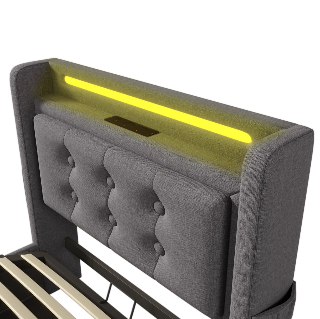 Letto imbottito 90x200 cm grigio con materasso, LED, prese USB-C e vano contenitore