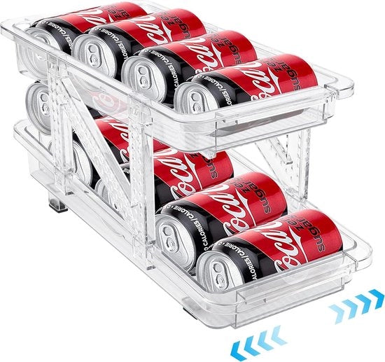 Organizzatore del frigorifero, dispensatore di lattine con ampiezza regolabile, 2 livelli, organizzatore del frigorifero rotante automatico per cucina, frigorifero, sala da pranzo, armadio