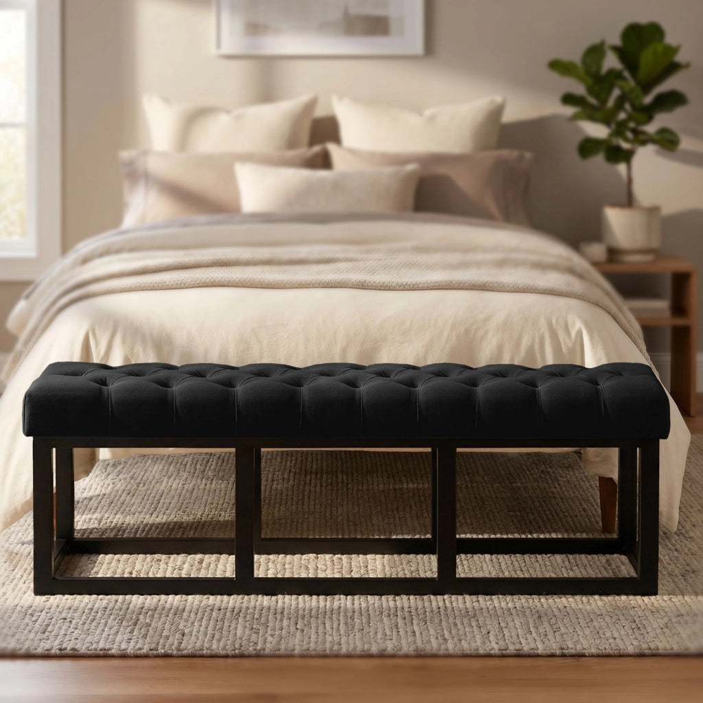 Panca design AMUN in metallo nero opaco e tessuto nero,150 cm