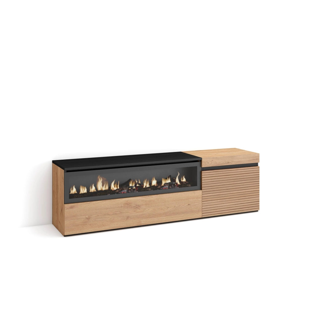 Mobile TV Soggiorno, 150x35x45cm, Per TV fino a 65", Camino elettrico, colore Rovere RF3300