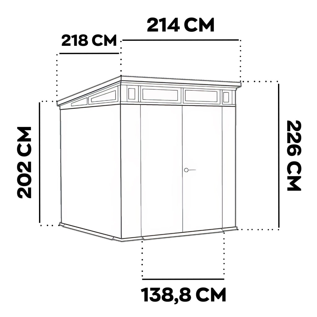 Pent 7x7 - Casetta da Giardino 216x226x218 cm 2 Ante per deposito attrezzi finitura effetto legno Evotech+ in Resina Marrone e Nero