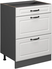 Mobiletto base per cucina R-Line, Bianco casa di campagna, 60 cm con cassetti, senza piano di lavoro, per la libera combinazione all'interno di sistemi cucina modulari