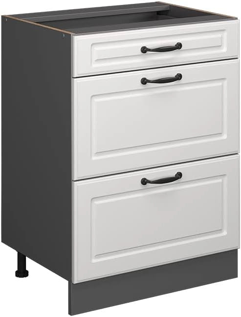Mobiletto base per cucina R-Line, Bianco casa di campagna, 60 cm con cassetti, senza piano di lavoro, per la libera combinazione all'interno di sistemi cucina modulari