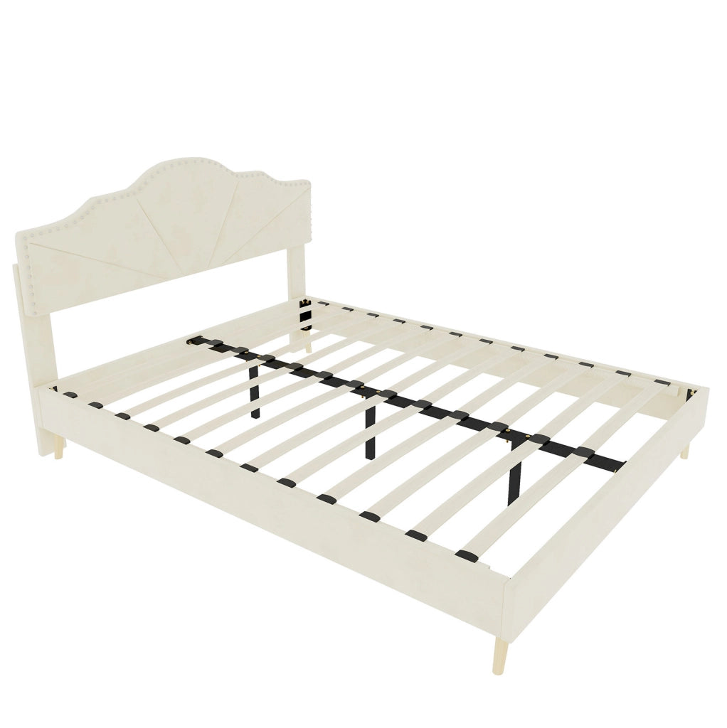 Letto 140x200 cm in tessuto beige con testiera e materasso, per camera -