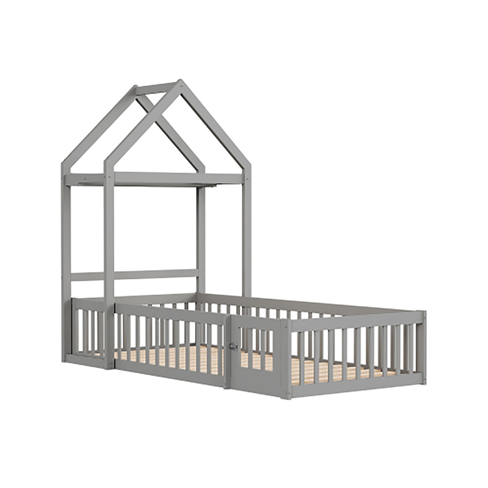 Letto singolo per bambini con contenitore - Xylo - 90x200 cm - Grigio - Protezione completa porte e rete