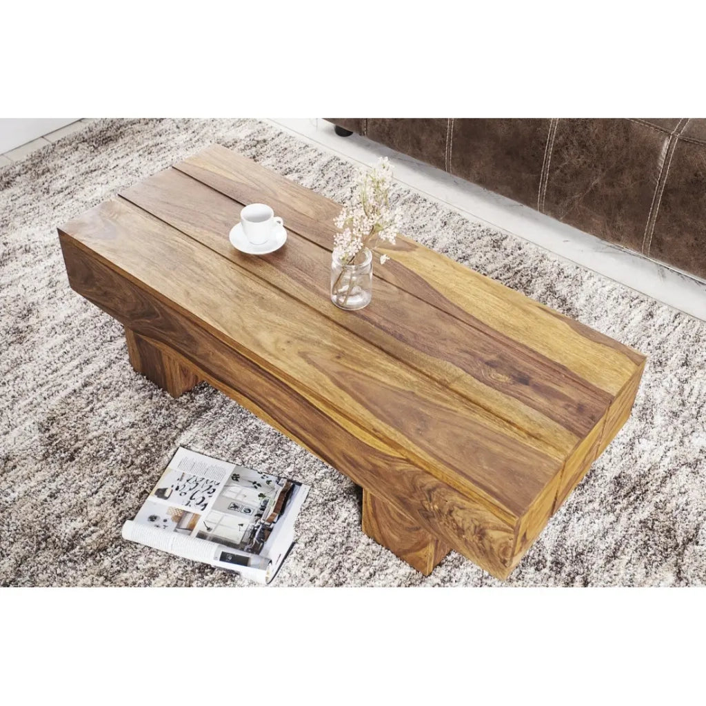 Tavolino basso TOLB 100 cm in legno massiccio di Sheesham – Tavolino basso rettangolare stile rustico
