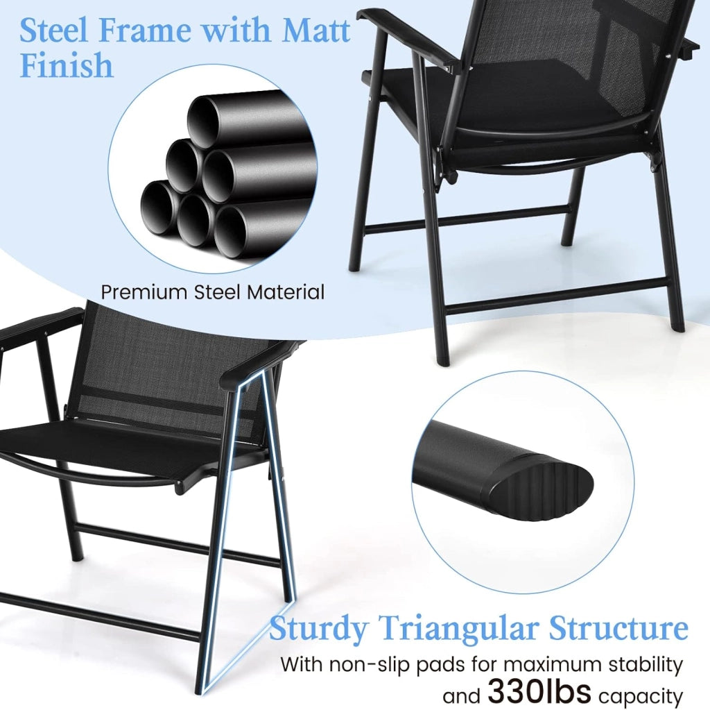 Set di 2 sedie pieghevoli esterne, sedie da giardino in tessuto con braccioli, telaio in metallo, carico 150 kg, sedia da giardino pieghevole per patio, piscina, senza montaggio, nero