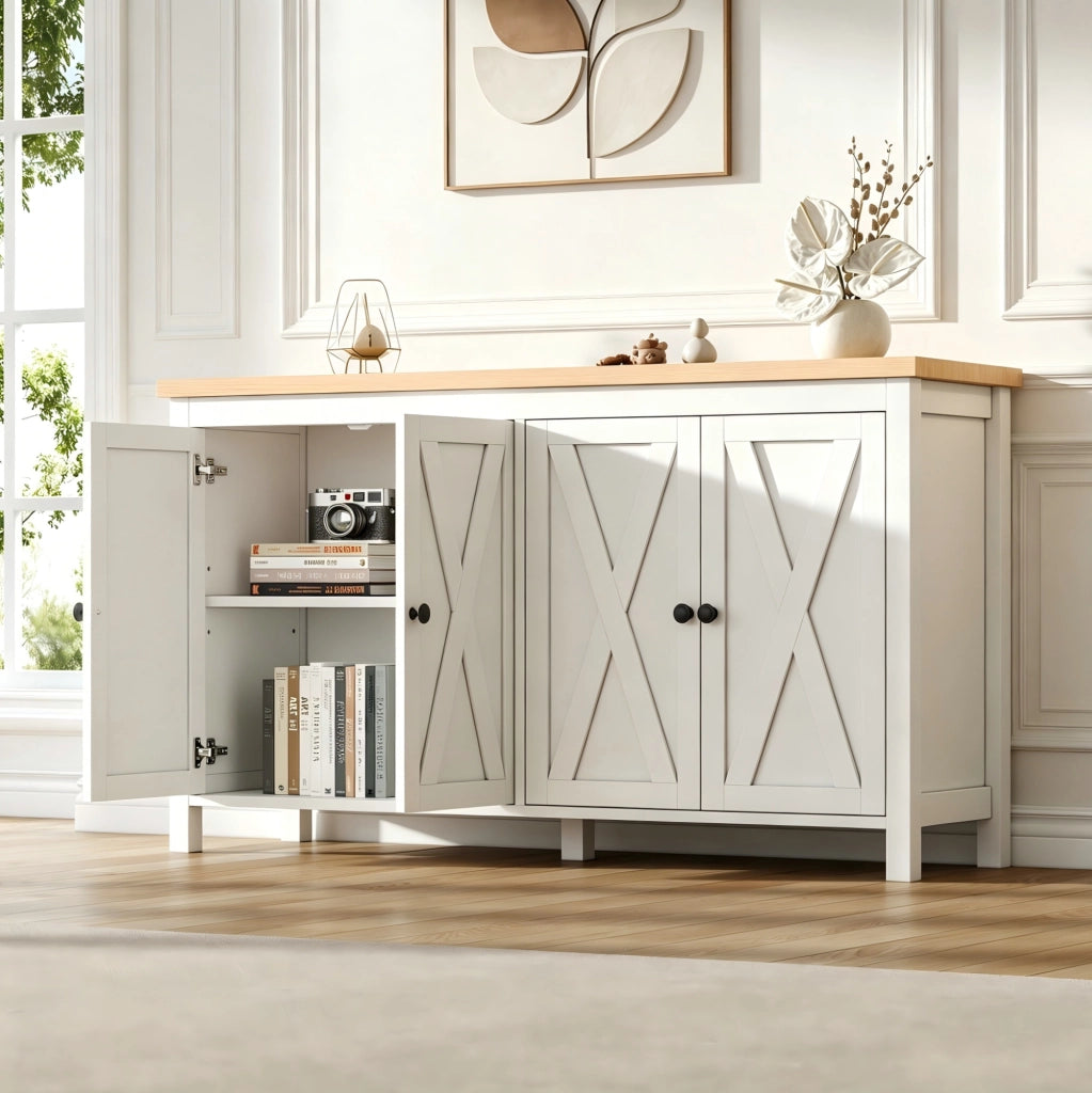 Credenza bianca 140x40x78 cm con 4 ante e 2 ripiani interni