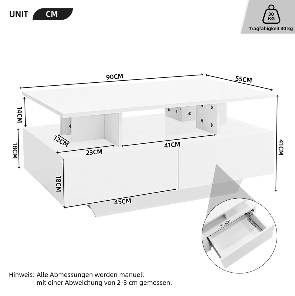 Tavolino da caffè lucido con LED; 2 cassetti; 90x55x41 cm; bianco
