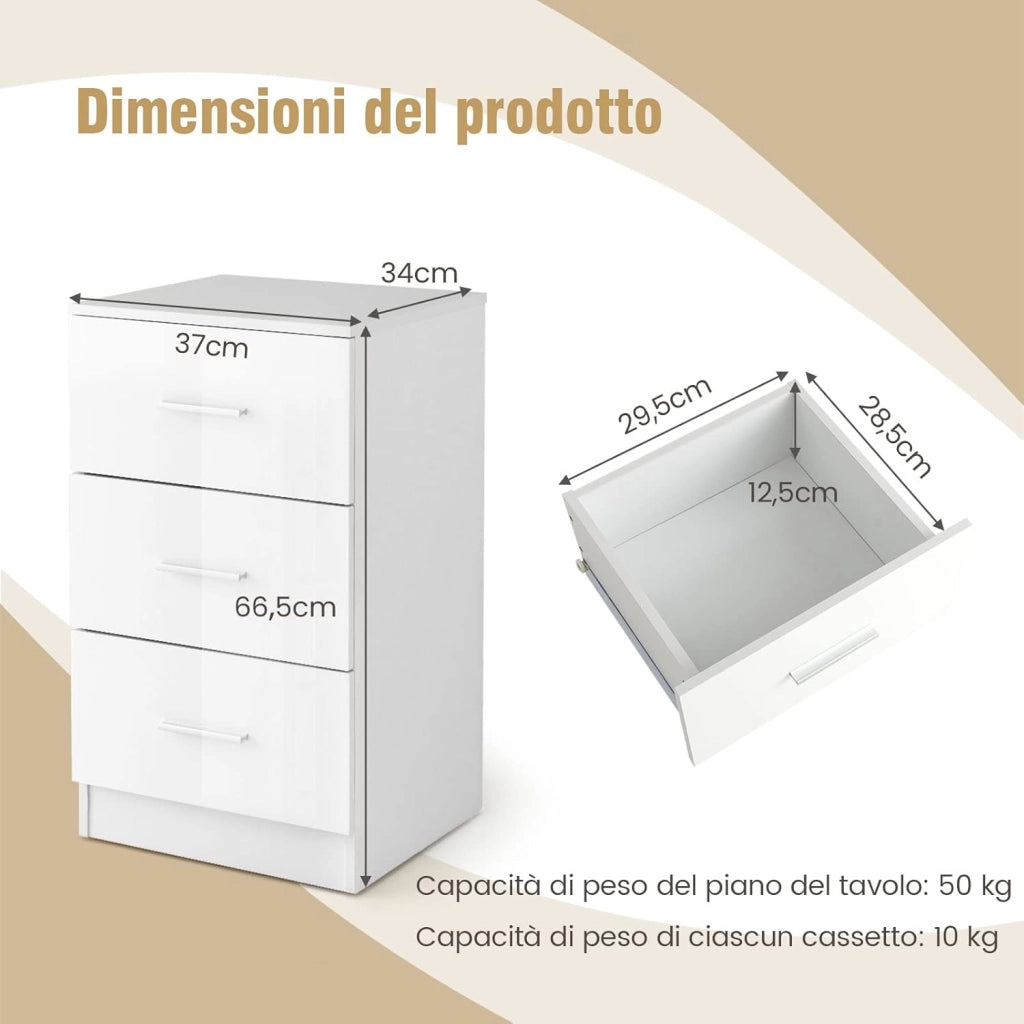 Cassettiera a 3 Cassetti, Comodino Cassettiera in legno, Comodino Moderno con Cassetti per Soggiorno, Camera da Letto, Corridoio, Ufficio, 37 x 34 x 66,5 cm (Bianco, 1Pezzo)