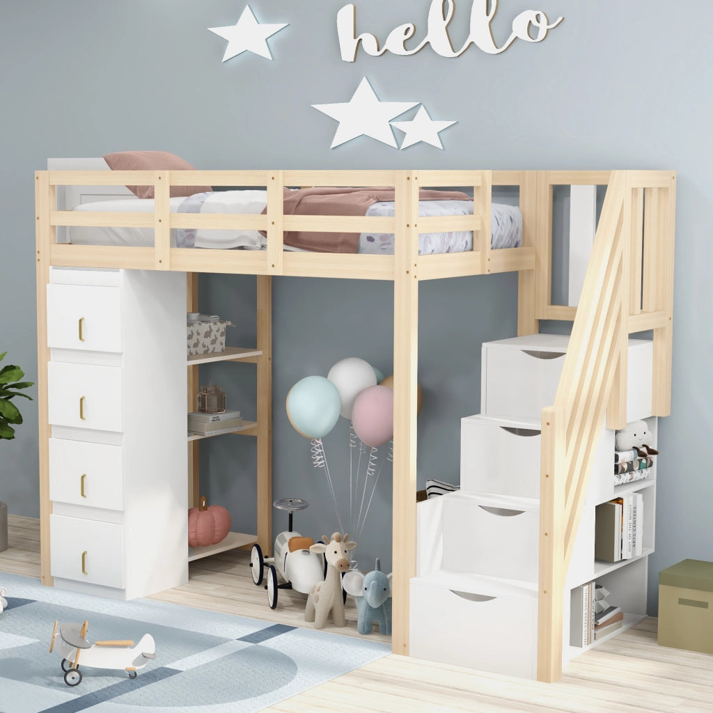 Letto a castello in legno naturale con cassettoni funzione contenitore 90x200 cm