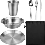 Set di servizio all'aperto per camping e picnic in acciaio inossidabile con borsa, coltello, forchetta e cucchiaio