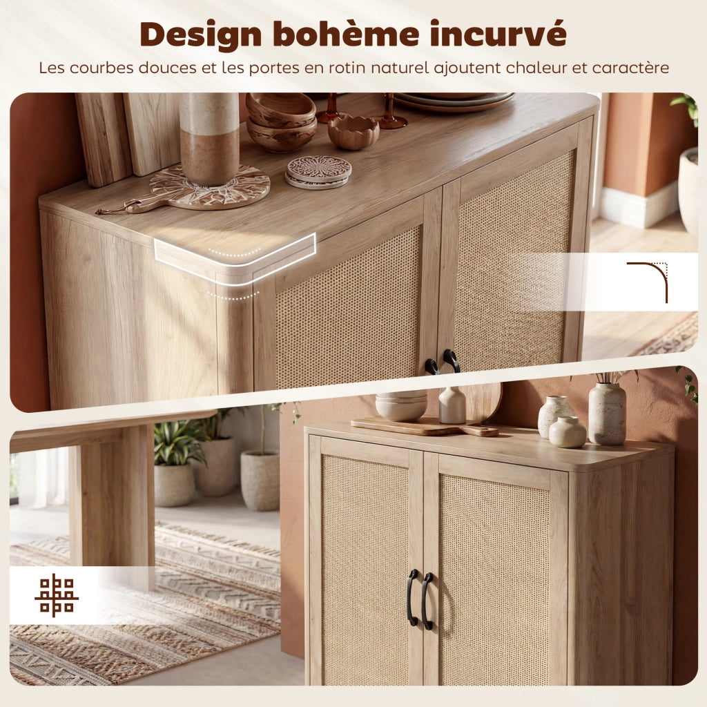 Armadio da soggiorno con ante in rattan e ripiani regolabili ¨C zephmum ¨C 76x35x75,5 cm, quercia