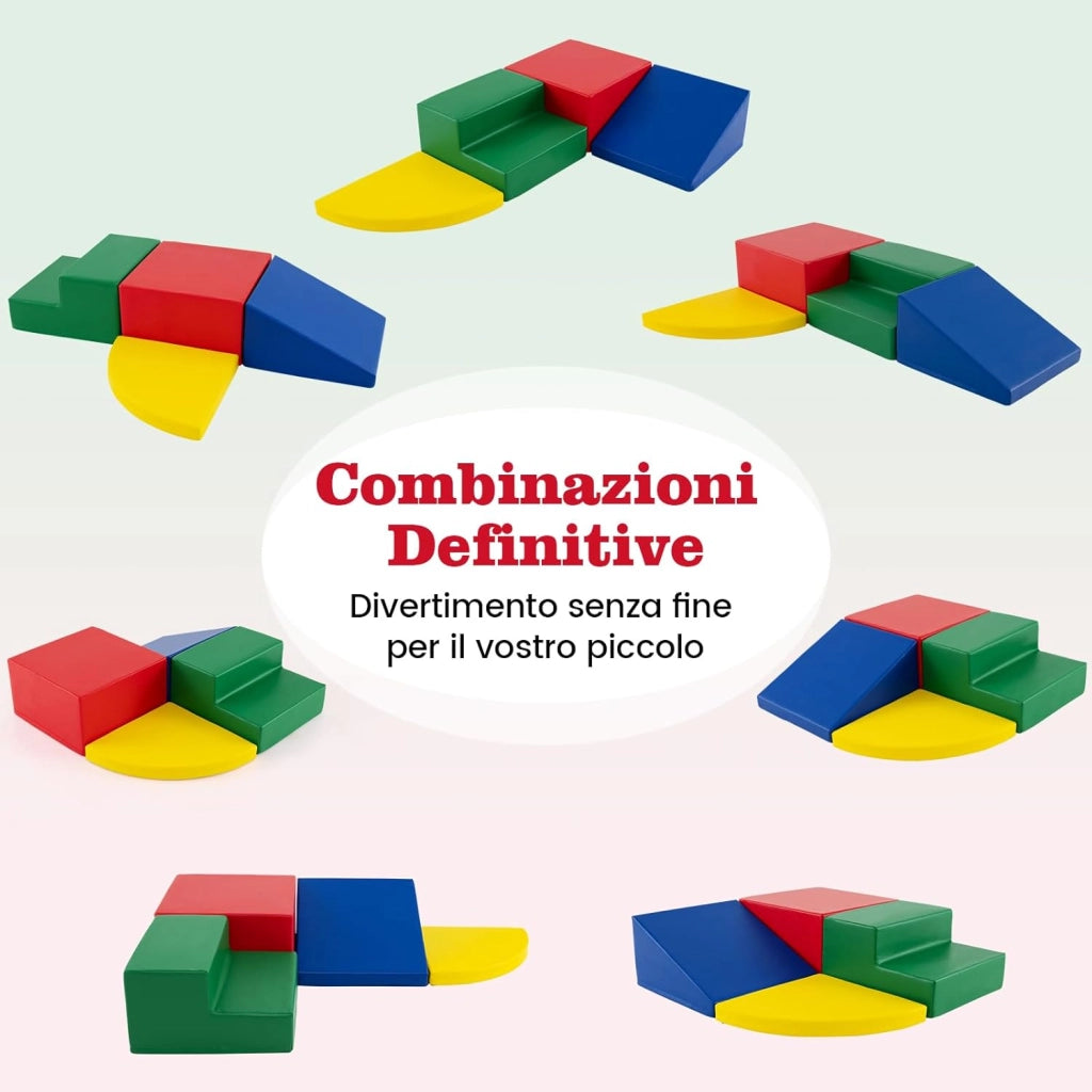 Set di Blocchi in Schiuma per Bambini 4 Pezzi, Set di Costruzioni Morbide in PU + EPE per Sviluppo dei Bambini, Gioco Attivo Interno per Arrampicarsi e Gattonare (Colorato)