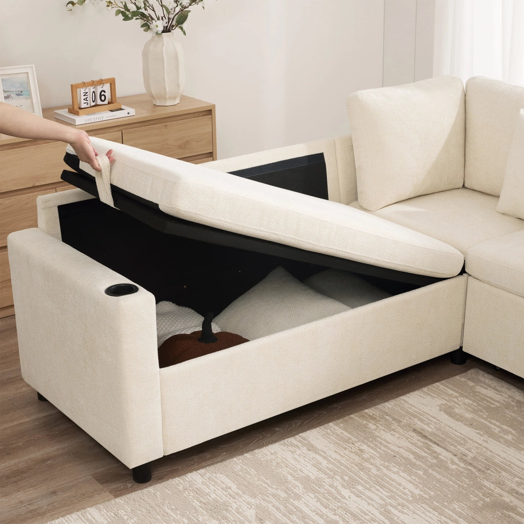 Divano angolare convertibile con chaise longue reversibile, funzione letto e USB, in chenille beige, 220 × 205 × 86.5 cm