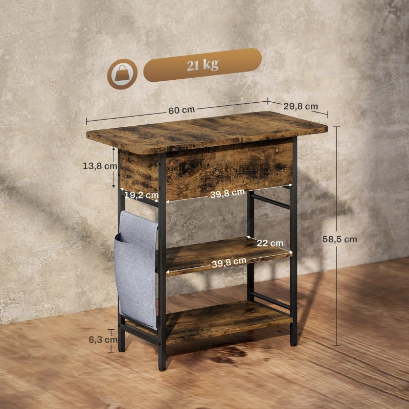 Tavolino basso con prese, USB e USB-C, 2 ripiani, tasca laterale e vano con coperchio, marrone rustico 60 × 29,8 × 58,5 cm