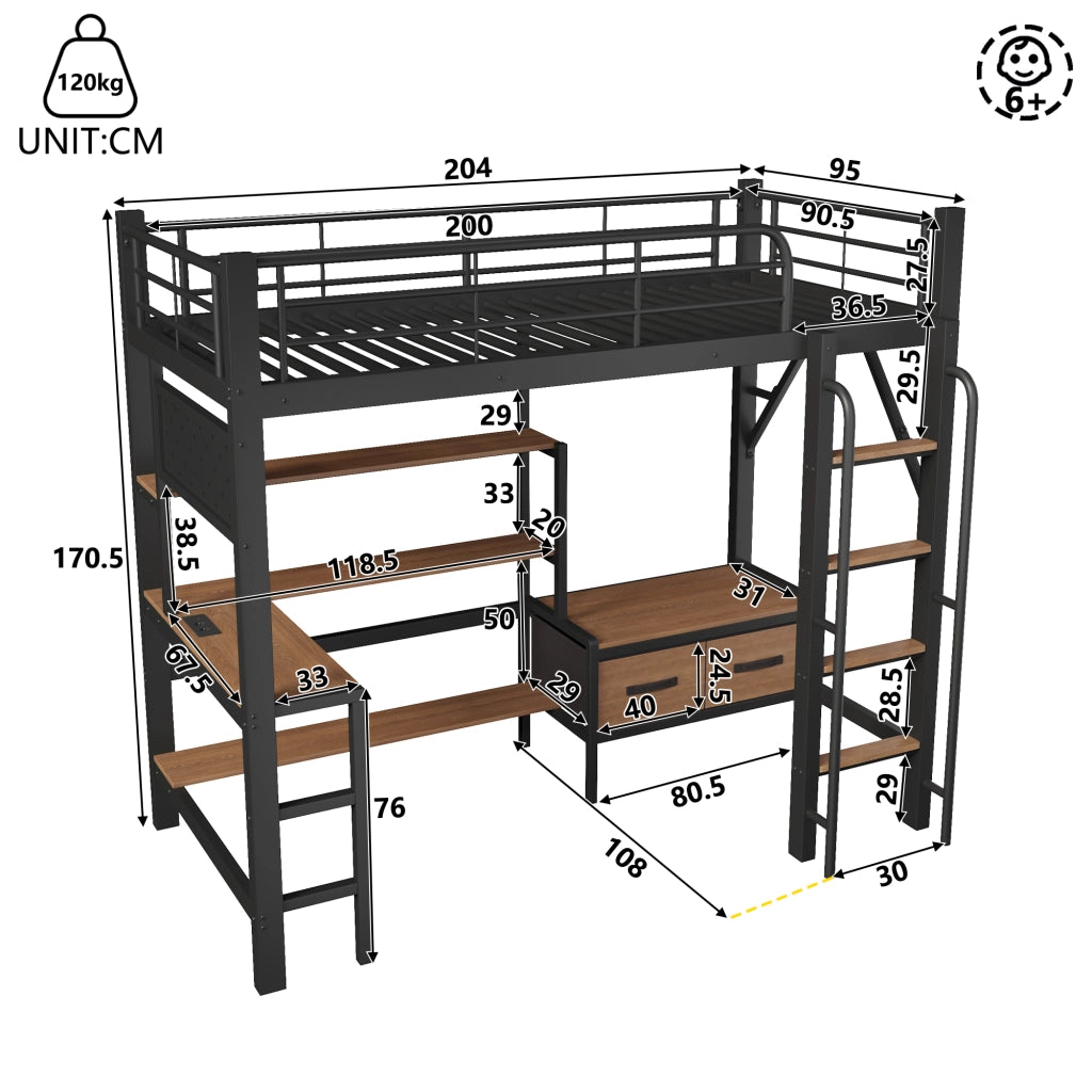 Letto a soppalco in metallo 90x200 cm con scrivania; vani; USB; barra appendiabiti; LED e parapetto; nero