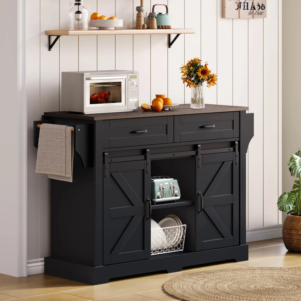 Carrello da Cucina con 2 Ante Scorrevoli; 2 Cassetti; Piano Ribaltabile e Ripiani Regolabili in MDF 120x45x91 cm Nero