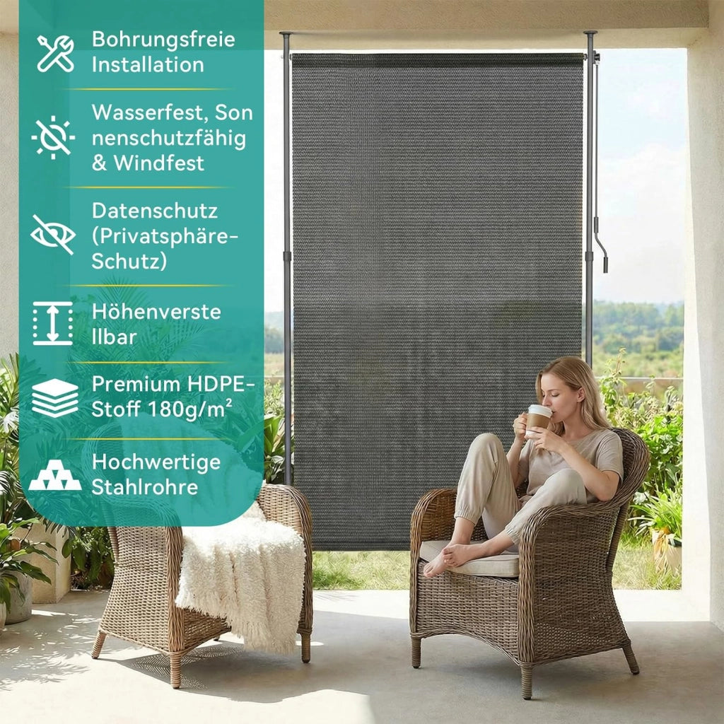 Tenda Verticale HDPE 150×310 cm Grigio, Tenda a Pinza Estensibile, Senza Forare, Privacy, Protezione Solare UV, Antivento, Resistente Alle Intemperie - per Balcone, Giardino, Terrazza