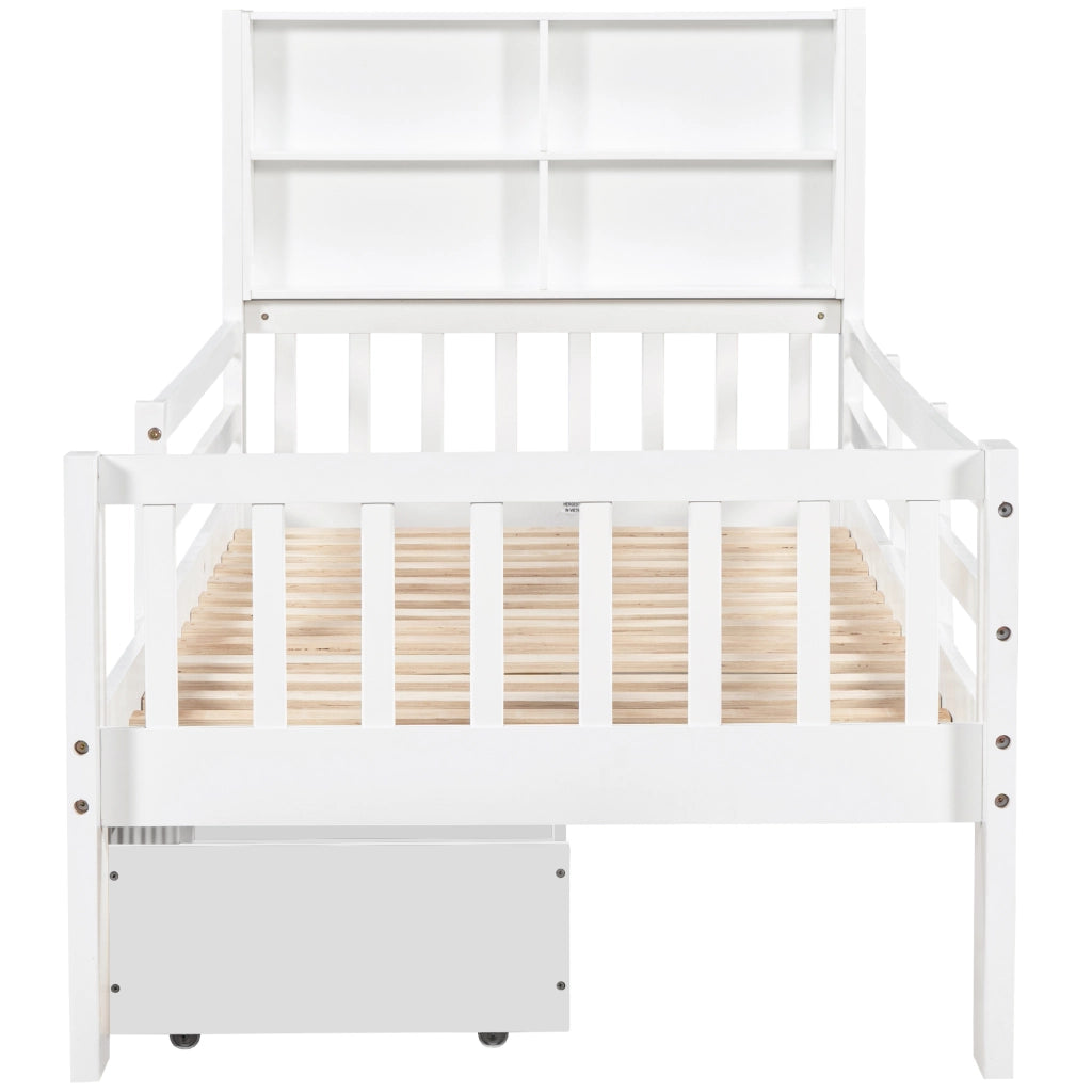 OKWISH Letto Bambino Singolo 90×200 cm con 2 Cassetti, Lavagna e Sponda di Sicurezza, senza Materasso, in Legno Massello e MDF, Bianco