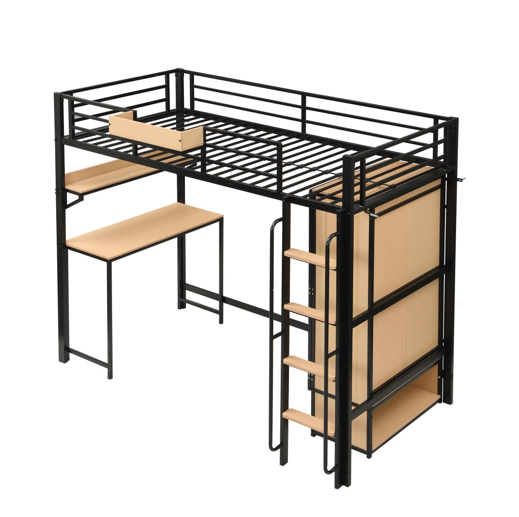 Letto a soppalco 90x200 cm in metallo e MDF nero e naturale con armadio; scrivania e scaffale