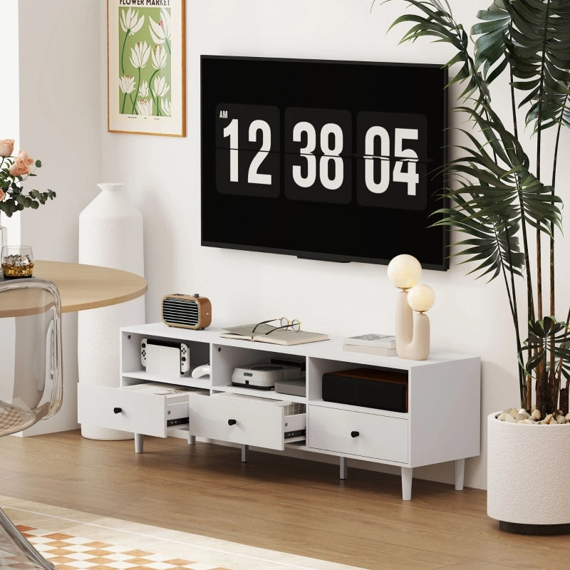 Mobile TV bianco 140x34x45 cm con 3 cassetti, 3 vani a giorno e passacavi