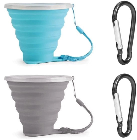 Set di bicchieri in silicone da 2 - Bicchieri da viaggio - Opachi - Con coperchio - Leggeri - Inclusi ganci - Bicchieri pieghevoli