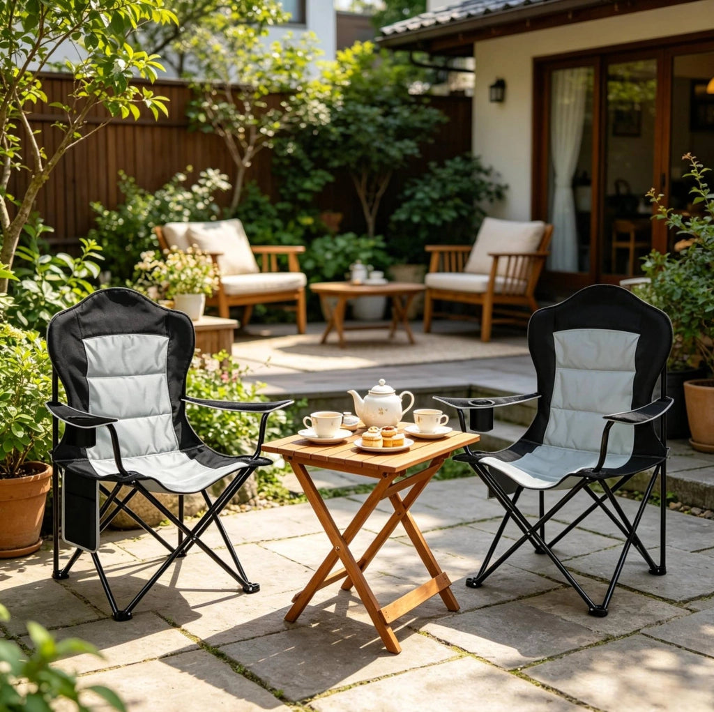 Sedia da campeggio pieghevole con portabicchiere e tasca laterale 84x110x62 cm Oxford 600D nero grigio