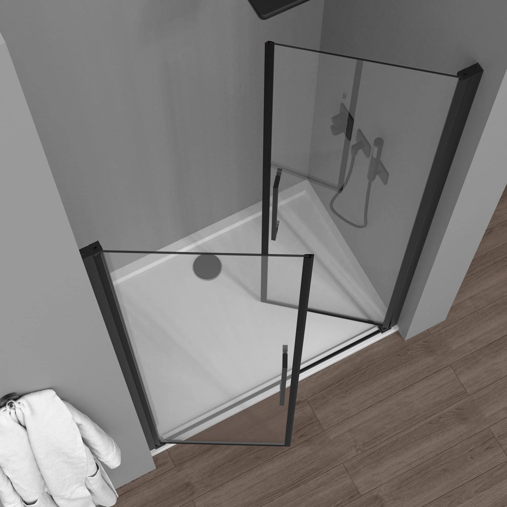 Porta doccia con apertura Saloon per nicchia 100cm in vetro temperato trasparente con profili nero Neos