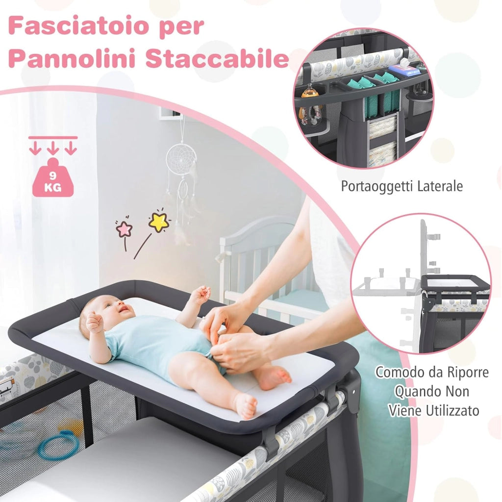 4 in 1 Lettino Neonato con Materasso, Culla da Campeggio con Fasciatoio Cappottina Regolabile, Ruote Bloccabili, Box Piechevole per Bambini 0-36 Mesi (Foglie)