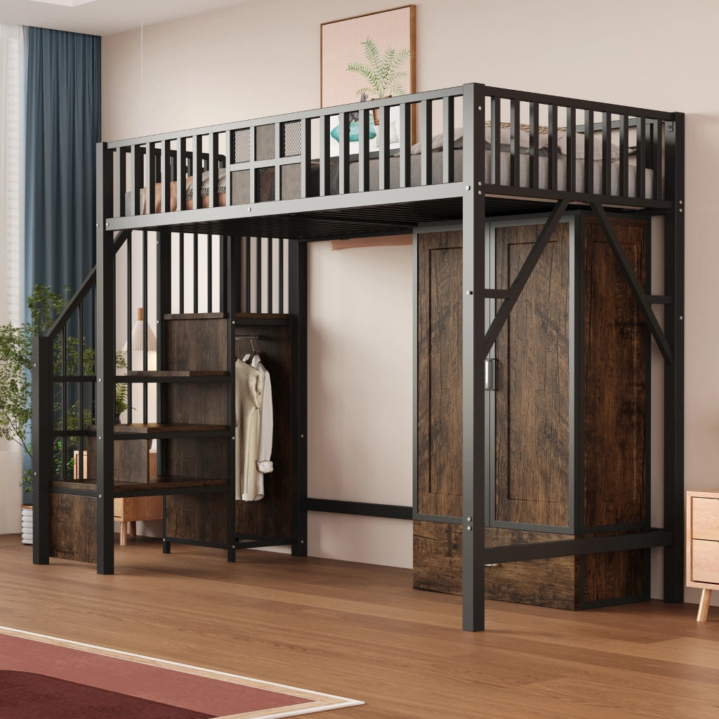 OKWISH Letto a Soppalco 90×200 cm, Letto Singolo con Armadio, 2 Cassetti, Mensole e Scala Contenitore, senza Materasso, Metallo e Legno, Nero