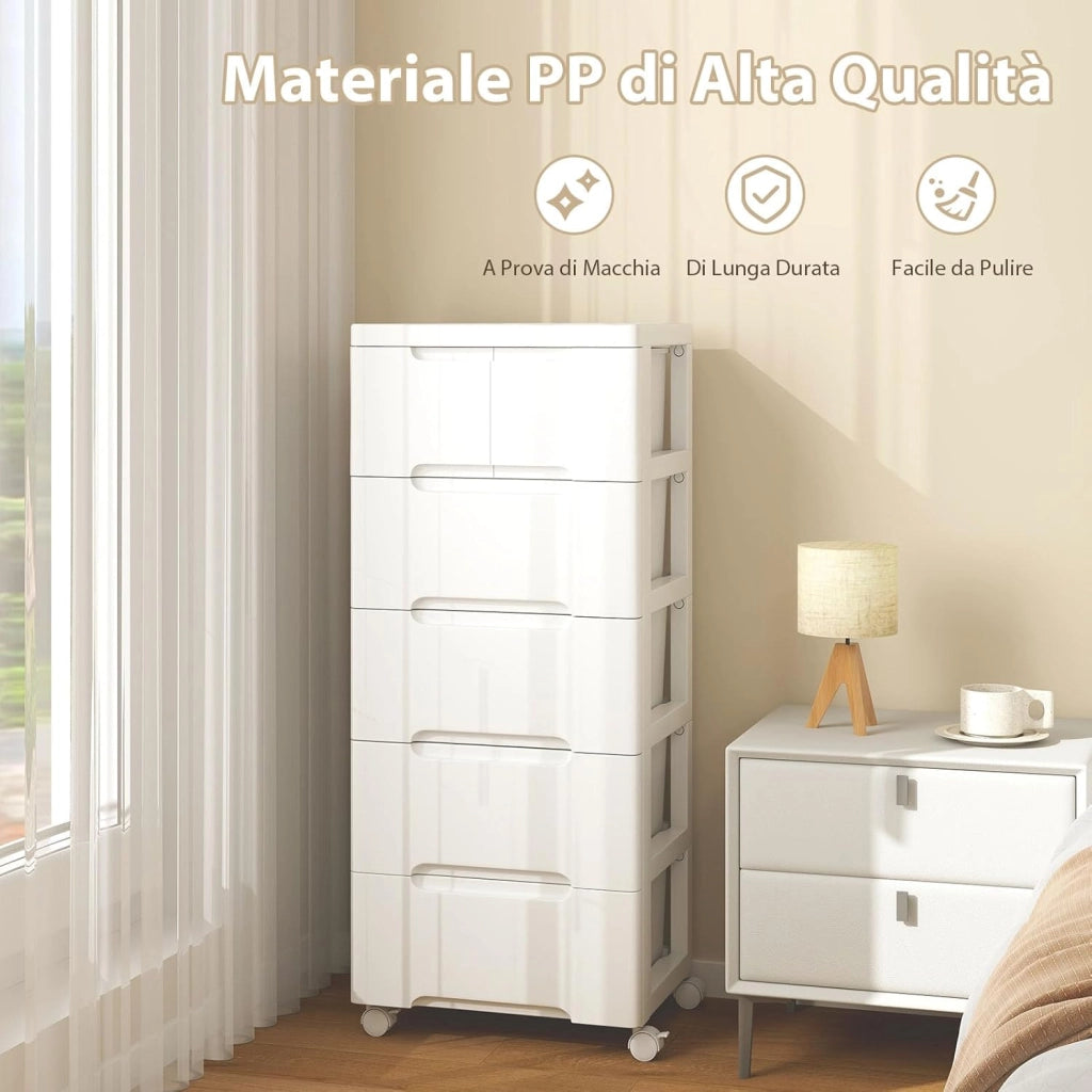 Carrello di Stoccaggio con Ruote, Cassettiera Verticale con Cassetti, Armadietto Contenitore di Stoccaggio, Organizzatore di Plastica per Casa Ufficio (5 cassetti)