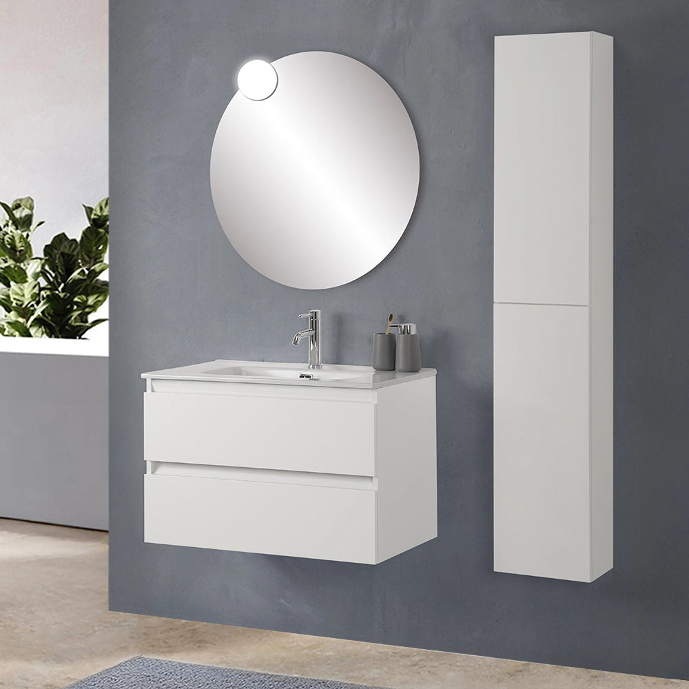 Mobile bagno sospeso 100 cm in legno bianco lucido 2 cassettoni con lavabo e specchio Leda