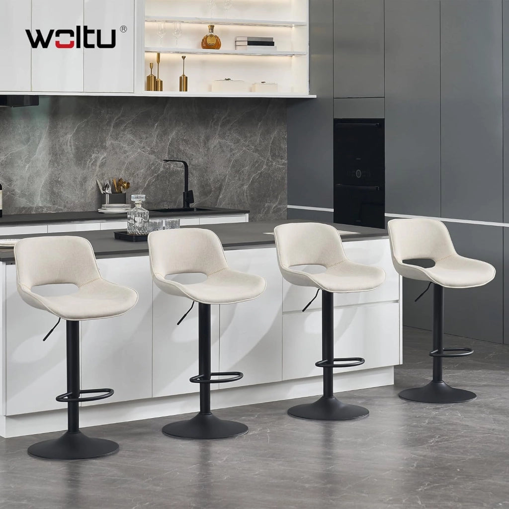 Set di 2 Sgabelli da Cucina, Sedia da Bar in Lino, Sgabello Regolabile in Altezza, con Schienale, Seduta Imbottita Girevole a 360°, per Bistrot, Pub, Base in Metallo, Beige, BH438be-2