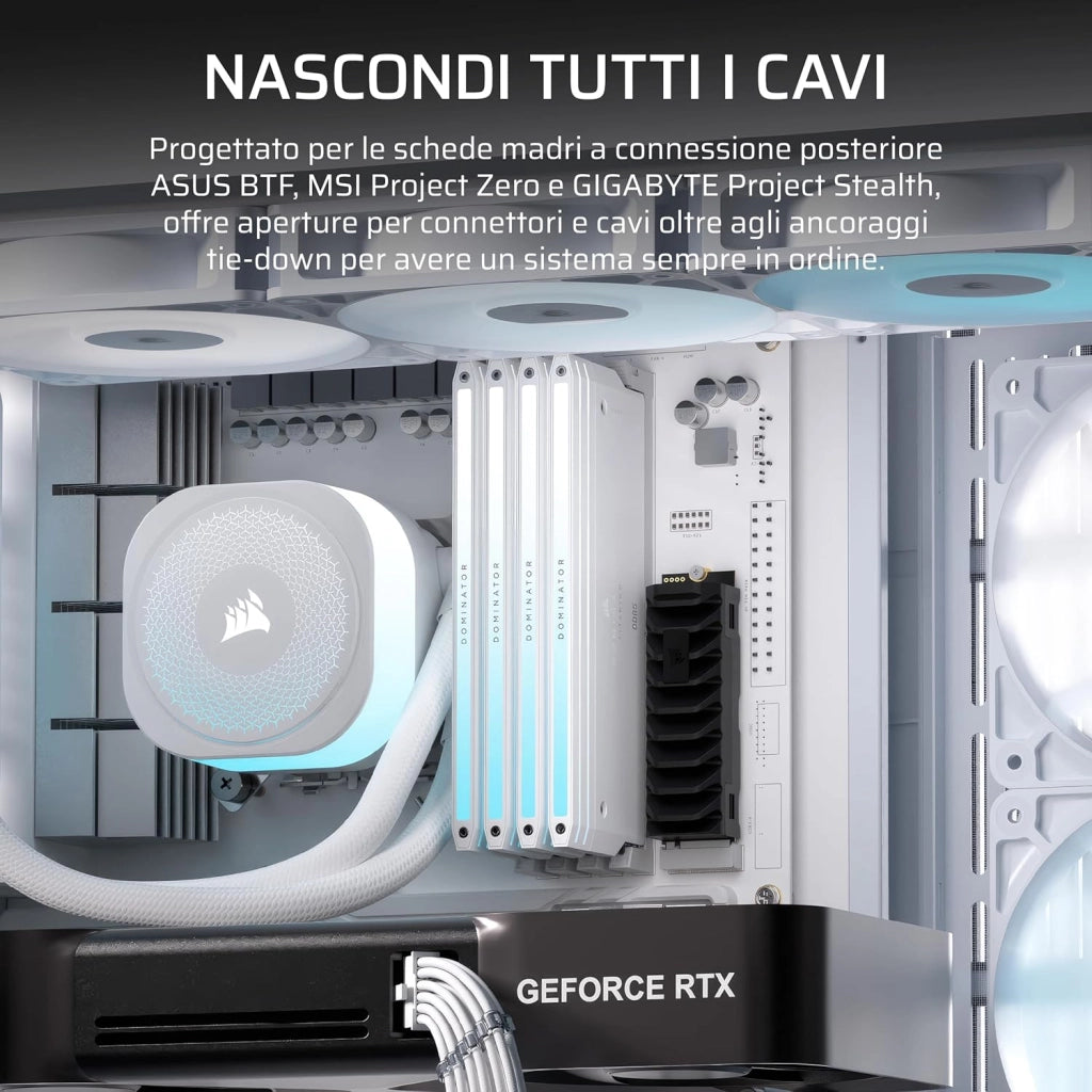 FRAME 4500X RS-R ARGB Case Mid-Tower per PC con Vetro Panoramico – Sistema di Montaggio InfiniRail, Adatto a Due Radiatori da 360 mm, Anti-Sag della GPU, Include 3 Ventole RS120R – Bianco