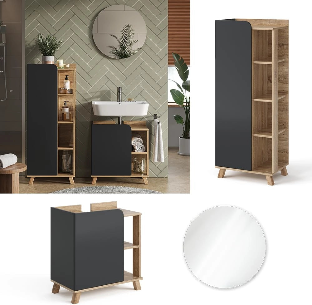 Set di mobili da bagno Karen, Sonoma/antracite, 60 cm, composto da mobile sottolavabo, specchiera e colonna alta