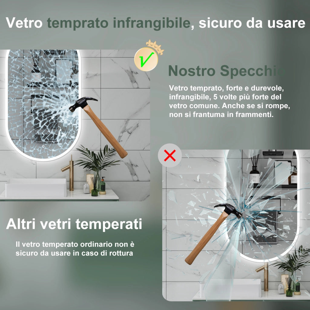 AICA Specchio da bagno 80 x 60 cm, dimmerabile，interruttore touch， Funzione Memoria, antiappannamento